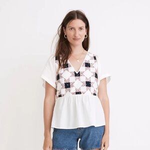 Madewell White Flutter-Sleeve Peplum Top in Patchwork Quilt Size XS